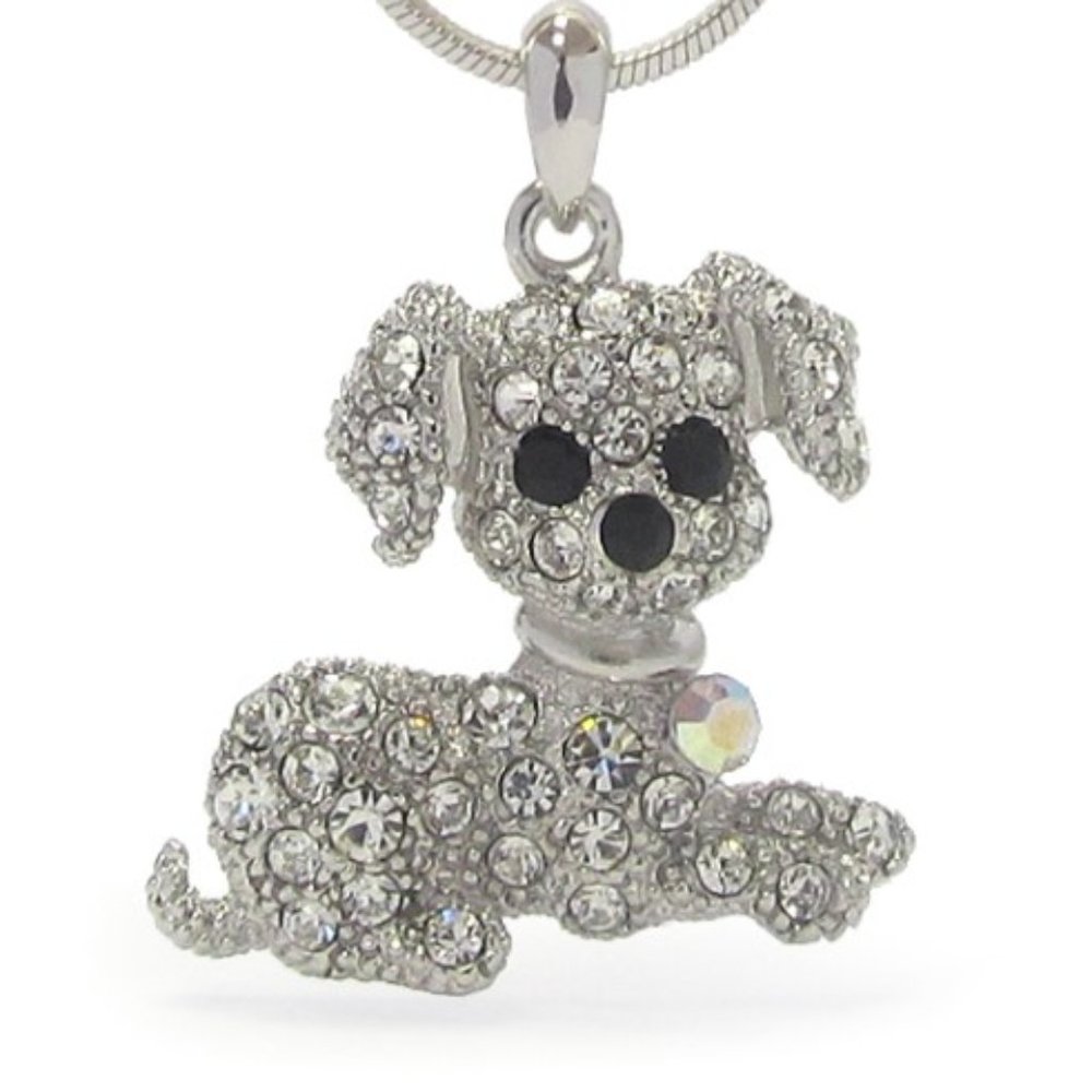 Puppy Crystal Necklace in White Gold Plating